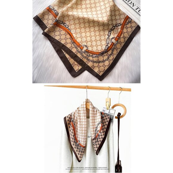 Women Beige Chain Headscarf Satin Bandana Pattern Polyester Breathable Scarves - Picture 5 of 7